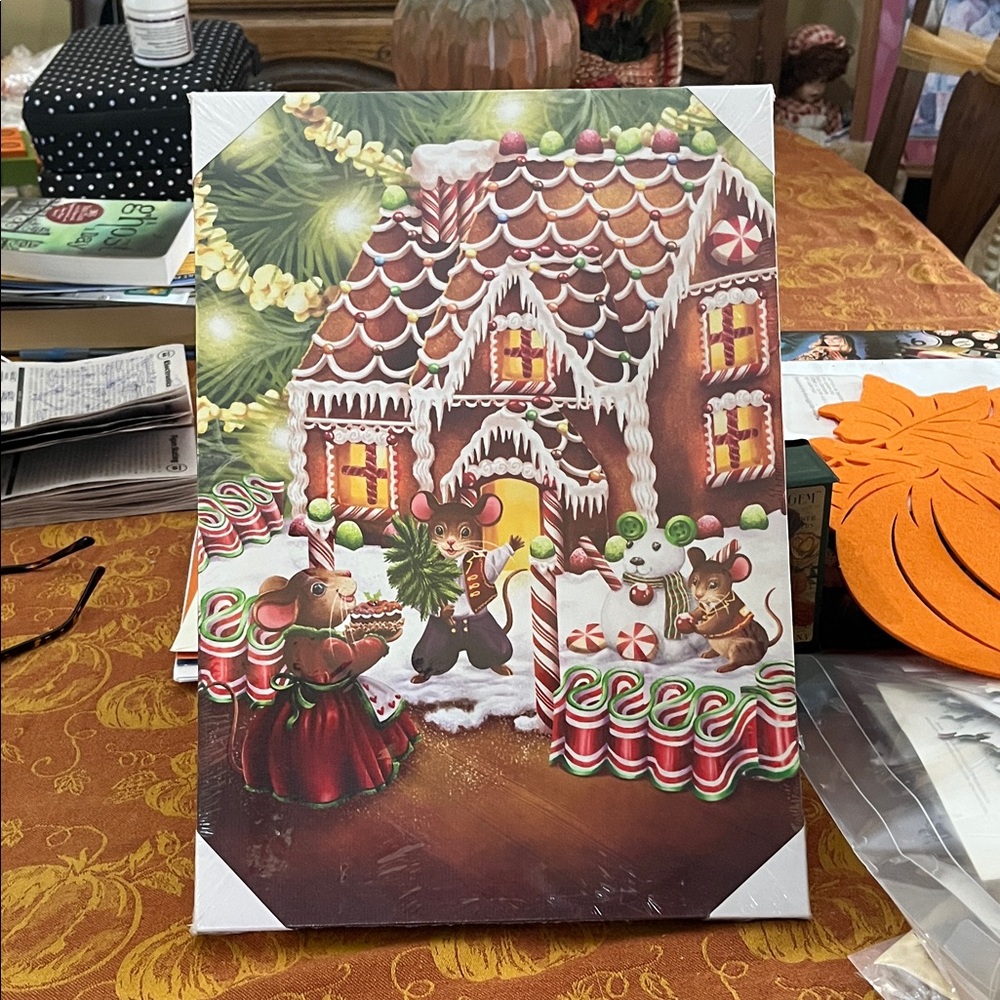 Gingerbread House Canvas Art with Mice brand new lights up